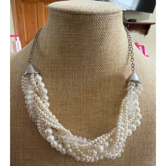 Unbranded Jewelry - Multi Strand Faux Pearl and Iridescent Bead Chunky Bib Statement Necklace Silver